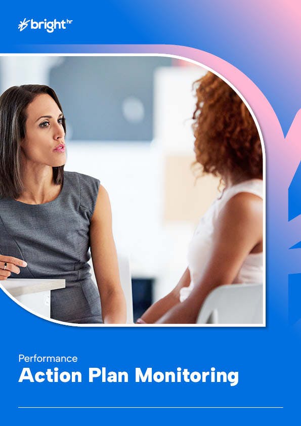 Action Plan Monitoring template with picture of a manager and employee discussing performance