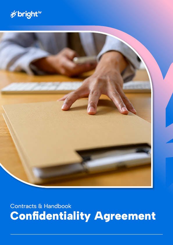 A person's hand is seen interacting with a brown notebook on a wooden desk. The desk is also adorned with a white computer mouse and a keyboard. The background is a blue gradient, with a blurred image of a person's hand and a blurred image of a computer mouse and keyboard.