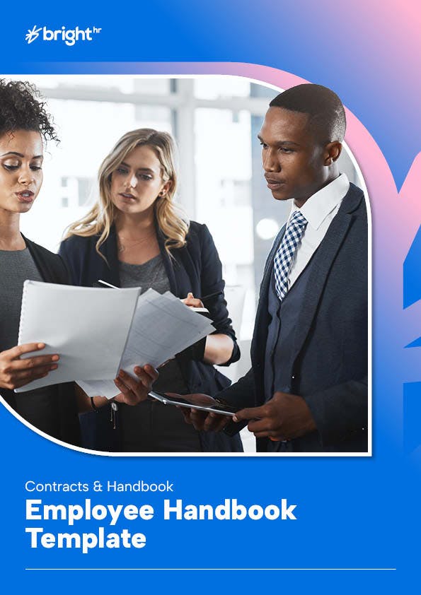 The image features a blue background with a white border. Three individuals are prominently featured in the center. The person on the left is holding a document and appears to be engaged in a conversation with the person on the right.