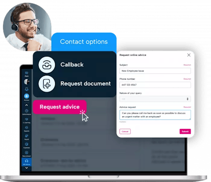 BrightHR employment relations advice software The image displays the dashboard of BrightHR HR software and the option to request a callback
