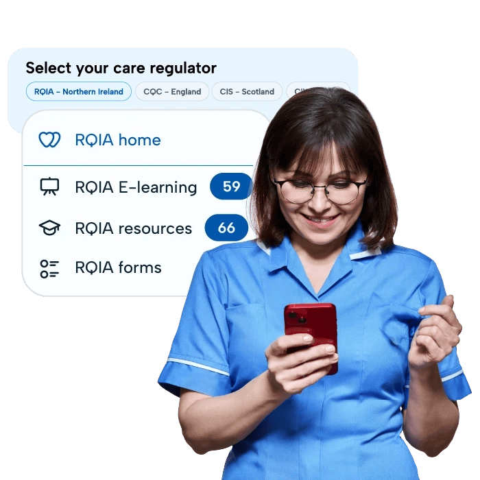 Care worker using mobile to access RQIA navigator