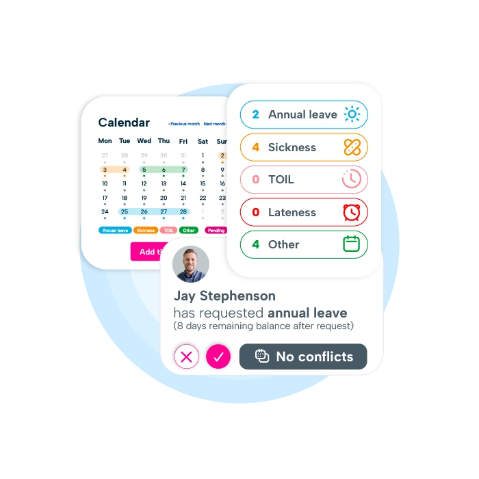 The image displays a highlight of multiple BrightHR features in one. With a visual of the shared team calendar and annual leave requests