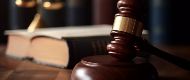 A judge's gavel and an open hardback book on a wooden desk