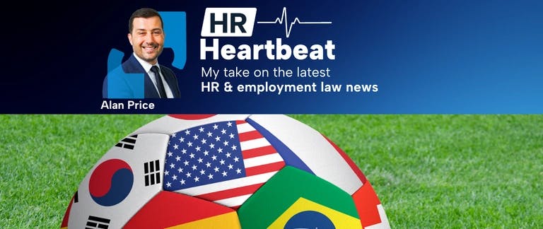 A photo of Alan Price CEO at BrightHR with the words HR Heartbeat: My take on the latest HR & employment news and a photograph of a football