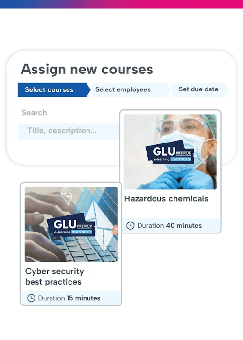 E-learning carousel with course preview images for cyber security and hazardous chemicals