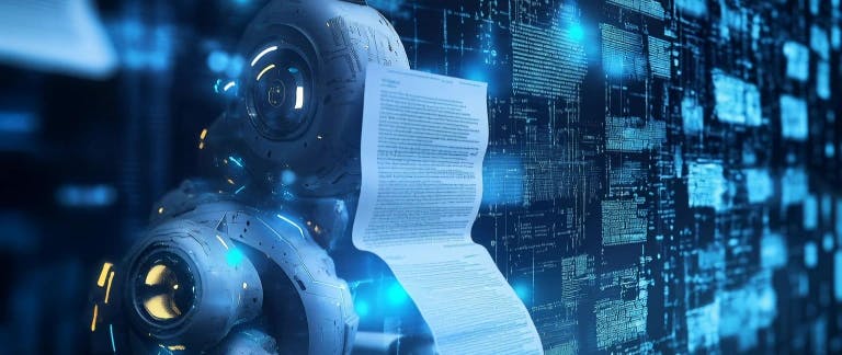 AI-written grievances A computer generated image of a robot with a document superimposed over its face