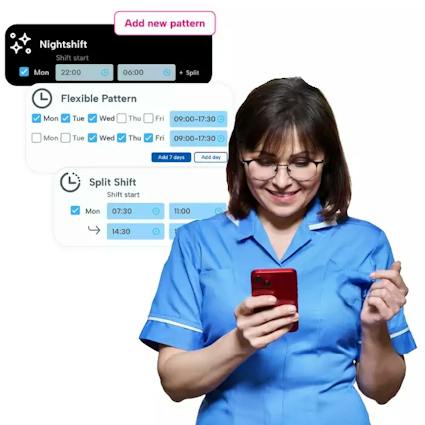 Nurse Using BrightHR A medical professional using their phone to manage shift patterns. A snippet of the interface is positioned behind their right shoulder.