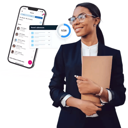 Local council cost-saving HR software The image displays a council worker and a mobile device with the BrightHR app