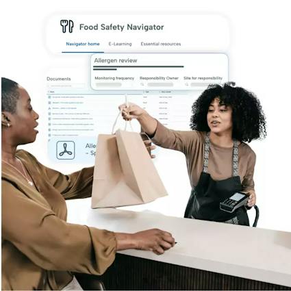 A hospitality worker handing a customer some food. Behind them is a snippet of BrightHR's food safety navigator.