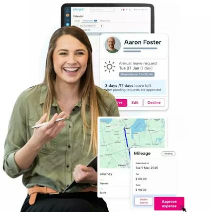 Non Profit Worker BrightHR A charity or non profit employee smiling holding a pen and pad. Behind them is a snippet of BrightHR's absence management platform, and in front is a snippet of BrightHR's expense management platform.