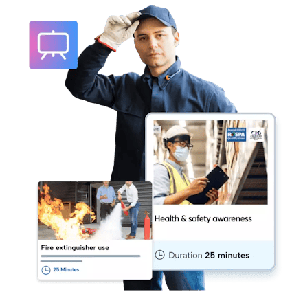 Man in overalls and cap displays next to BrightHR e-learning courses