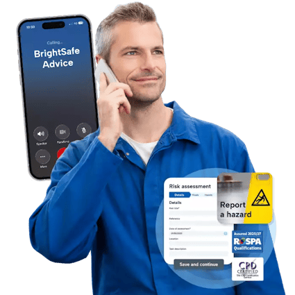 The image displays a mechanic working in the automotive trade phoning the BrightSafe Advice line for health and safety support