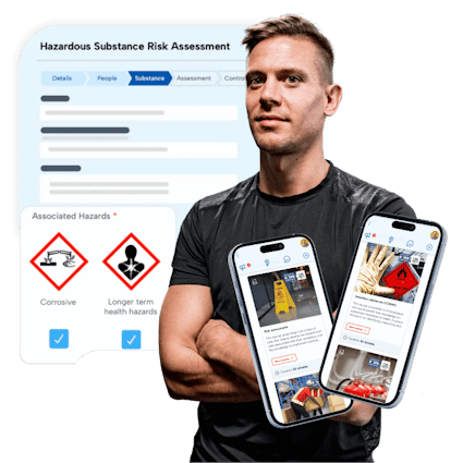 COSHH risk assessments for gyms and leisure centres A person is shown next to an image of the BrightSafe COSHH risk assessment tools