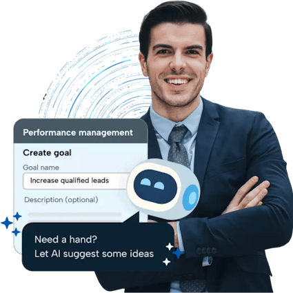 Manager stood with arms crossed behind a snippet of BrightHR's AI target writing assistant tool