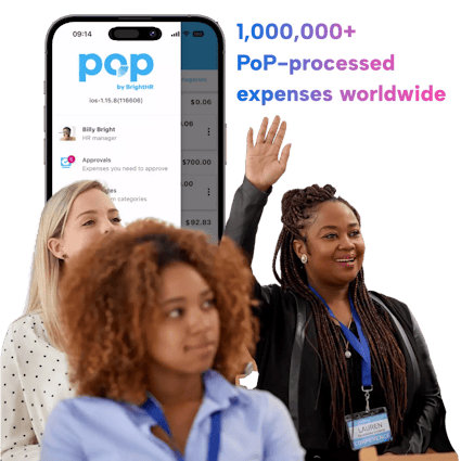 Three business-people at a conference with one of them raising their hand. Behind them is a preview of BrightHR's PoP app, with the text "1,000,000+ PoP-processed expenses worldwide" to the right.