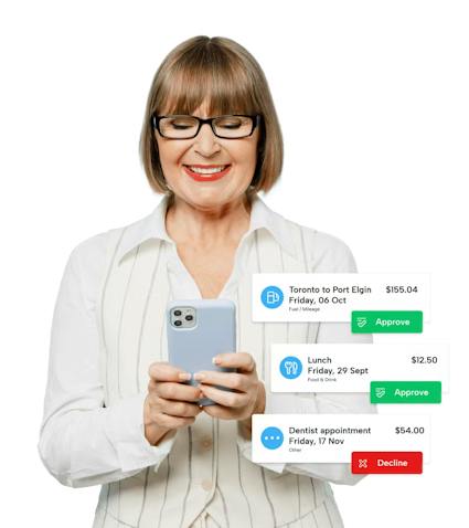A person smiling using their phone with snippets of the PoP app demonstrating the approval and denial expense features