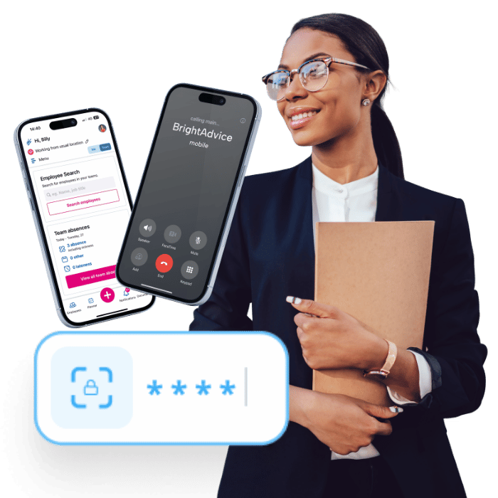 The image displays a person next to BrightHR displayed on two mobile phones highlighting the password security element of the app