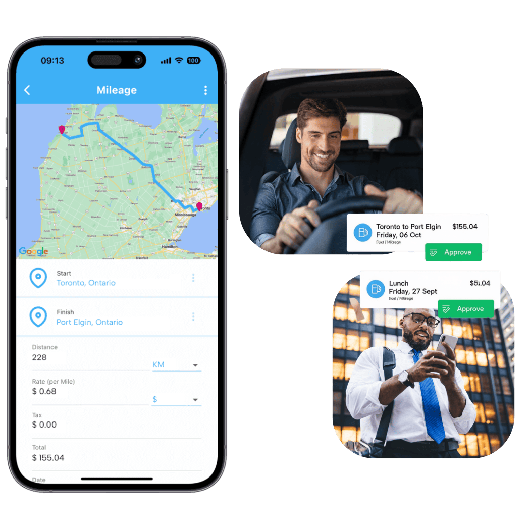 An iPhone preview of the PoP app mileage calculator. To the right are two boxes with an employee and a manager, connected by snippets of PoP expense approval buttons.