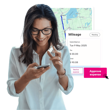 Person looking down at their phone smiling, behind them is a snippet of the PoP app mileage expense interface.