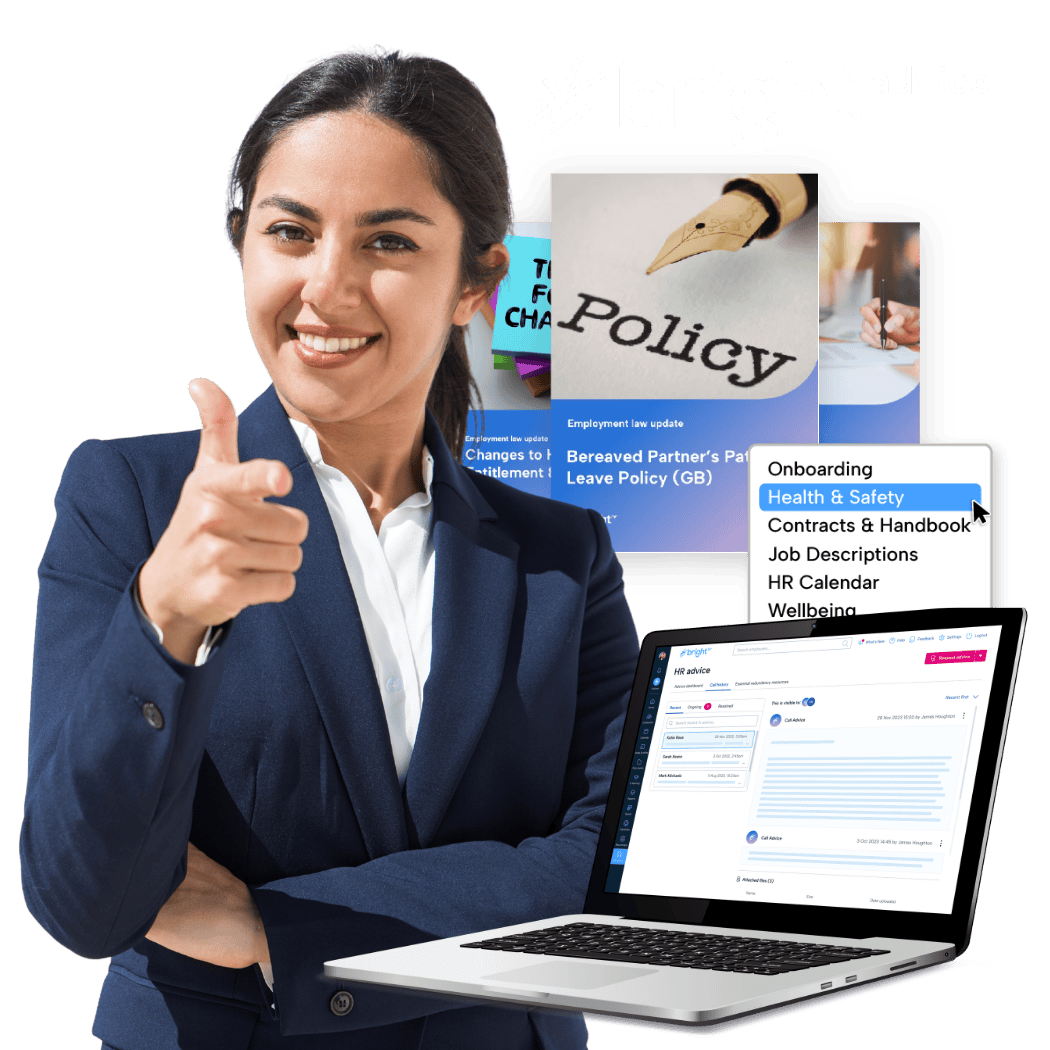 A person smiling and pointing towards the camera. Behind them is three HR policy documents, and in front of them is a laptop with employment law advice logs on the screen. the BrightAdvice logo is in the top right