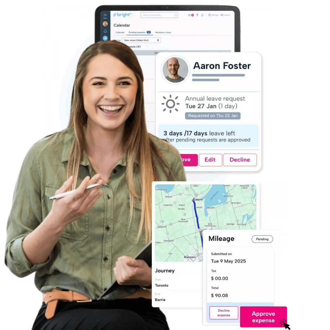 a person smiling holding a pen and clipboard. around them are snippets of various BrightHR tools and resources.