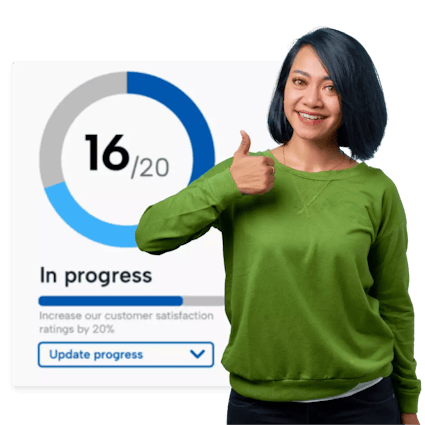 A person smiling and giving a thumbs up. Besides them is a snippet of BrightHR's goal management software with a task progress bar.