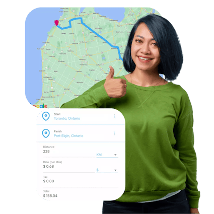 A person smiling and giving a thumbs up. Around them are snippets of the PoP mileage calculator