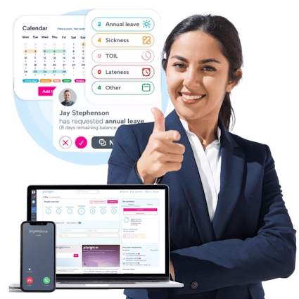 A person smiling and pointing towards the camera. Surrounding them are snippets of BrightHR's workforce planning software, both in abstract and in context.