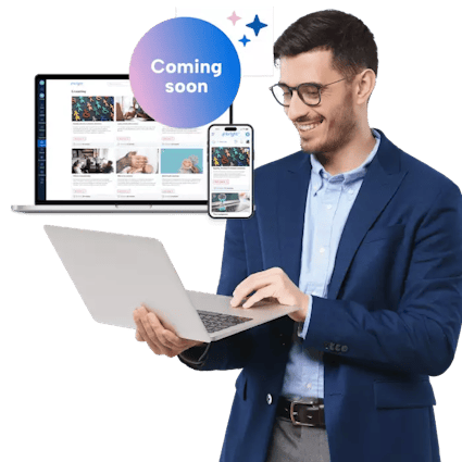 The image shows a man holding a laptop accessing BrightHR's HR elearning courses with a sticker saying "coming soon" over the image