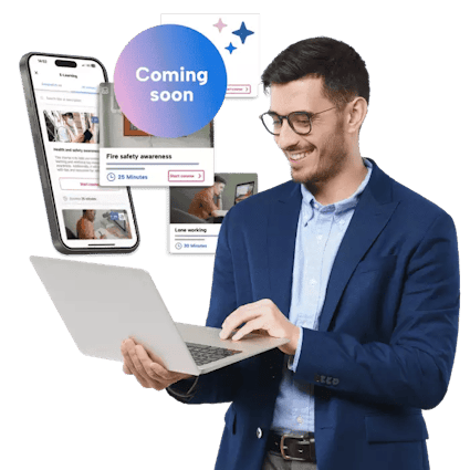 The image shows a man holding a laptop accessing BrightHR's health and safetyelearning courses with a sticker saying "coming soon" over the image