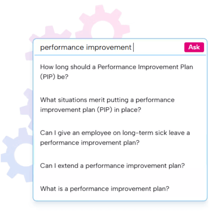 A snippet of a search feature in Brainbox AI chatbot. The user is asking questions related to performance improvement, with a number of results being displayed.