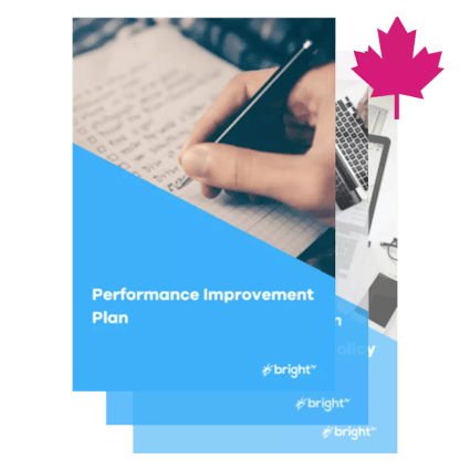 A performance improvement plan template cover, with two more performance improvement templates behind it, cascading downwards. A Canadian maple leaf icon is in the top right corner.