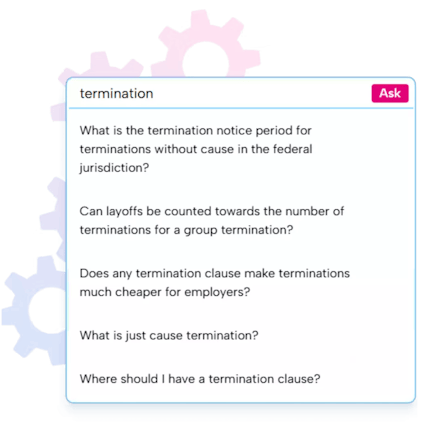 A snippet of Brainbox AI's search function. The user is looking for termination advice, with multiple auto-filled results being prompted.