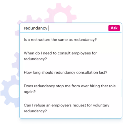 A snippet of Brainbox AI's search function. The user is looking for redundancy advice, with multiple auto-filled results being prompted.