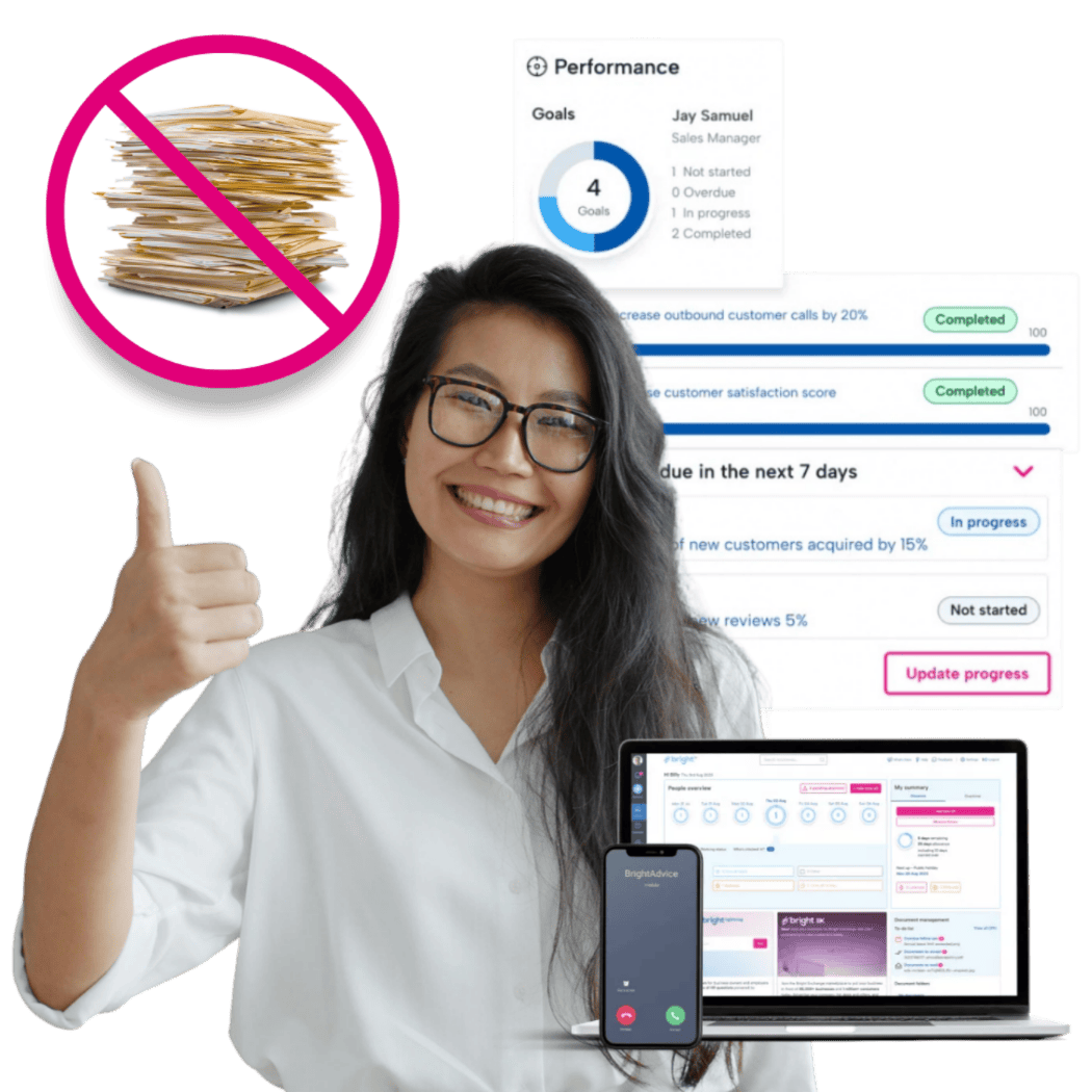 A person smiling and giving a thumbs up. To their left is a stack of admin paperwork with a red cross through it. To their right are various snippets of BrightHR performance improvement software.