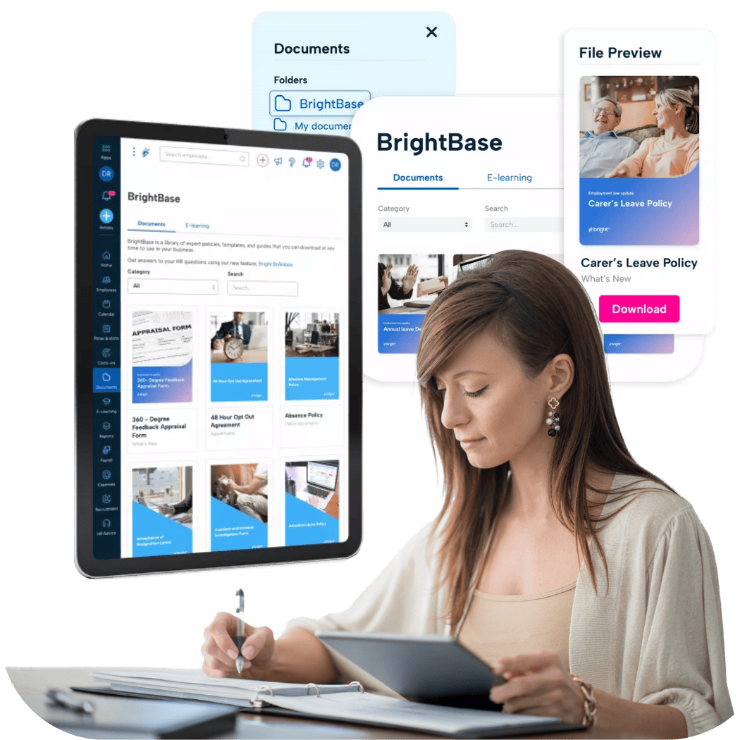 A person with a neutral expression doing paperwork with an iPad on their desk. Behind them are various snippets of BrightHR's document library both in abstract and in context.