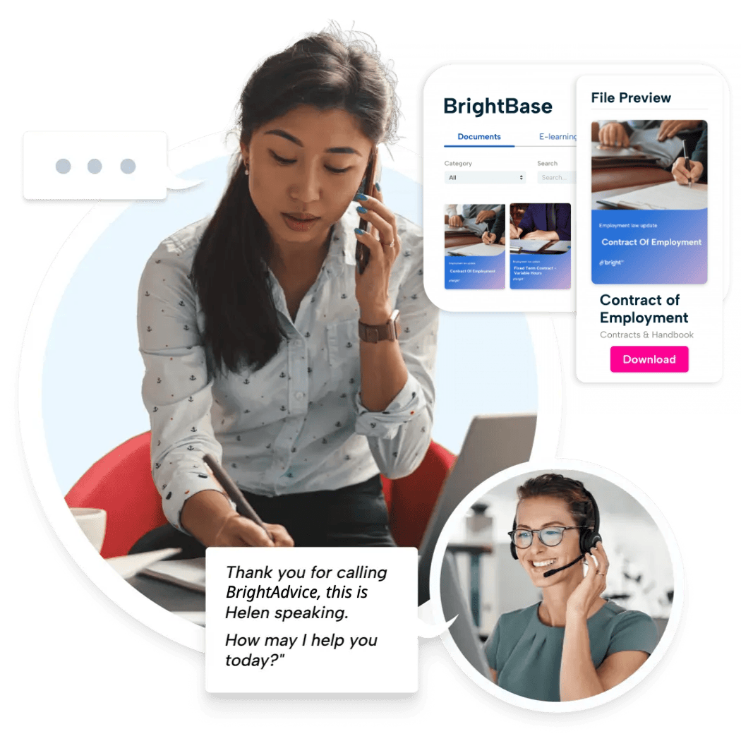 A person distressed filling in some documentation whilst on the phone to a friendly BrightHR advisor. They are helping them resolve their issue.