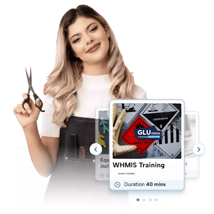 A hairdresser stood smiling with a pair of scissors. In front of them is a snippet of BrightSafe's WHMIS training interface.