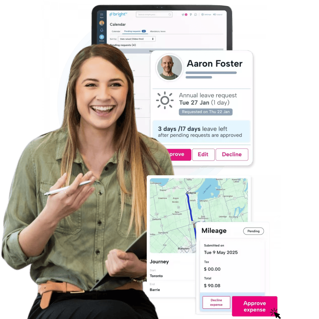 A person smiling with a pen and clipboard in their hands. Surrounding them are various BrightHR feature snippets, including leave management and expense tracking.