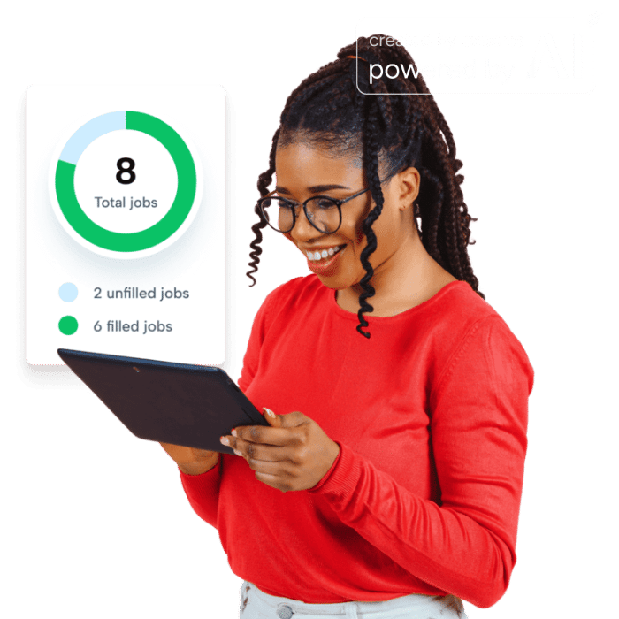 The image displays a person accessing BrightHR's candidate management tool with a tablet device