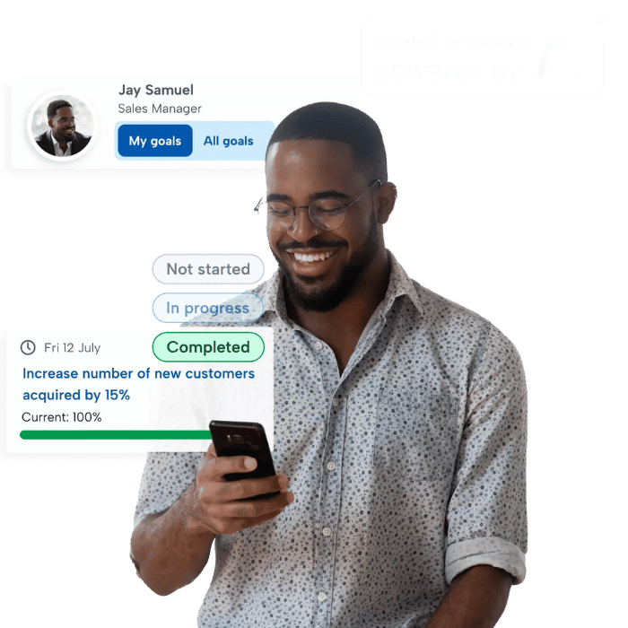 The image displays a person accessing the BrightHR performance management feature alongside a snippet of the digital display showcasing the goal setting tools with built-in AI