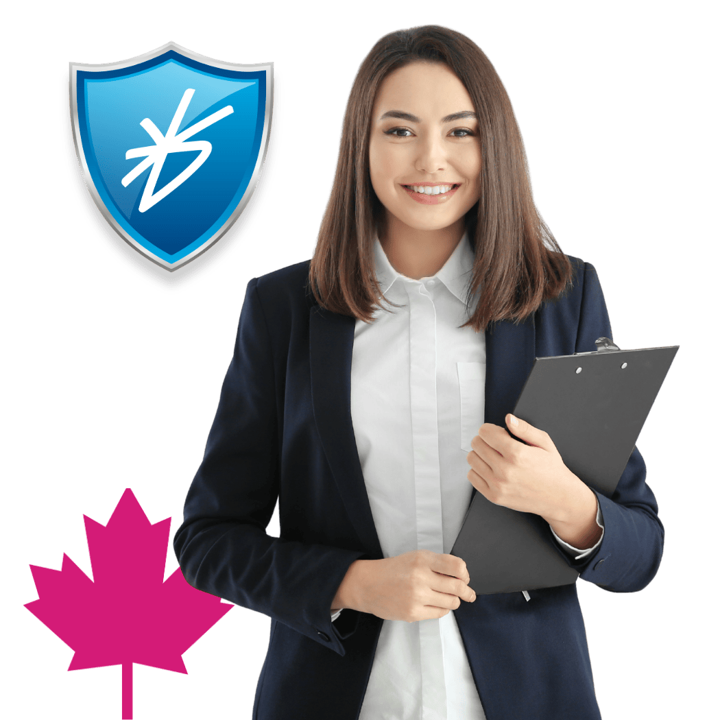 A smartly dressed person smiling holding a clipboard. To the top left of them is the HR Defence shield logo, and to the bottom right is Canadian maple leaf graphic.