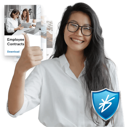 A person smiling and giving a thumbs up. Behind them are some digital employee documents. In front of them is the HR Defence shield logo.