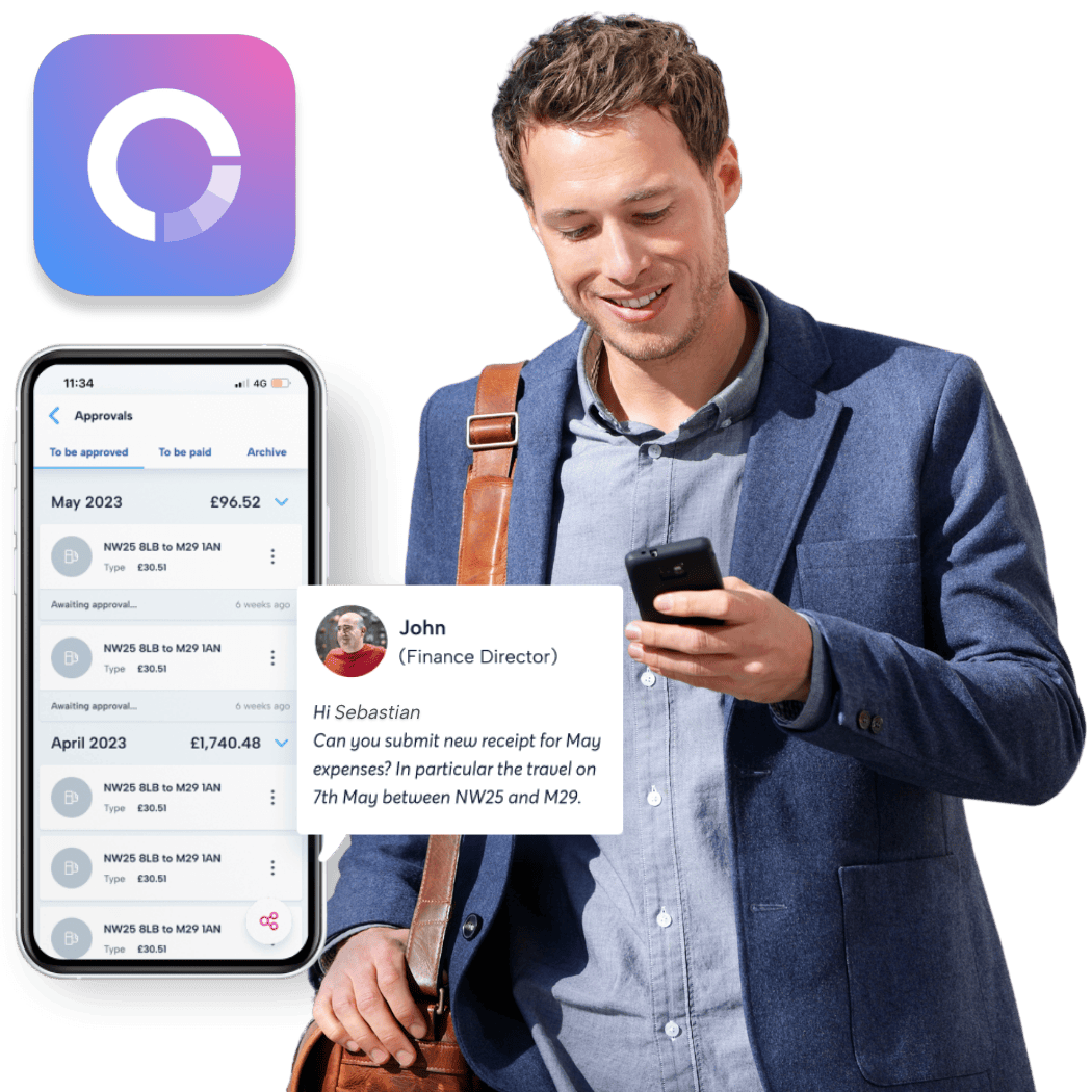 A person in smart clothing smiling at their phone. In the foreground is a snippet of BrightHR's PoP expense app with the logo in the top left.
