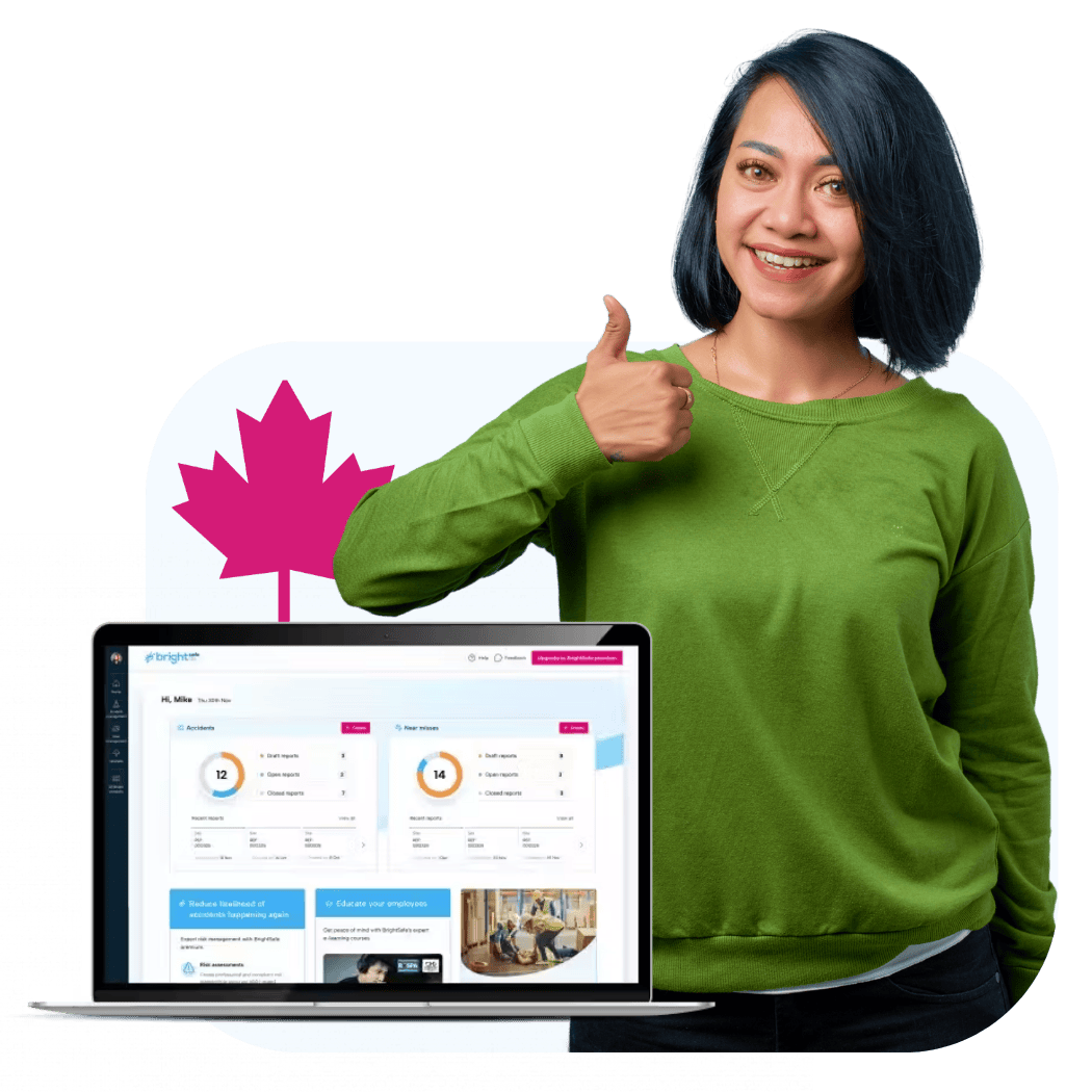 a person stood smiling and giving a thumbs up. Next to them is a laptop with a preview of the BrightSafe Lite dashboard.