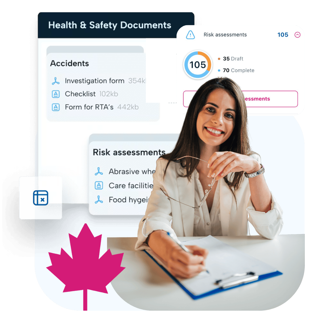 A person sat at a desk smiling with some paperwork. Behind them are snippets of BrightSafe's document library.