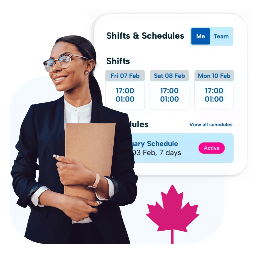 A business person stood smiling. Behind them is a snippet of BrightHR's free scheduling software: Bright Lite.