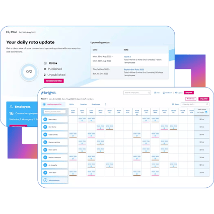 Two snippets of the BrightHR Lite scheduling dashboards.