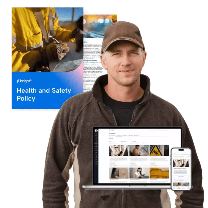 An image showing an Irish farmer alongside the BrightSafe display and a health and safety policy document