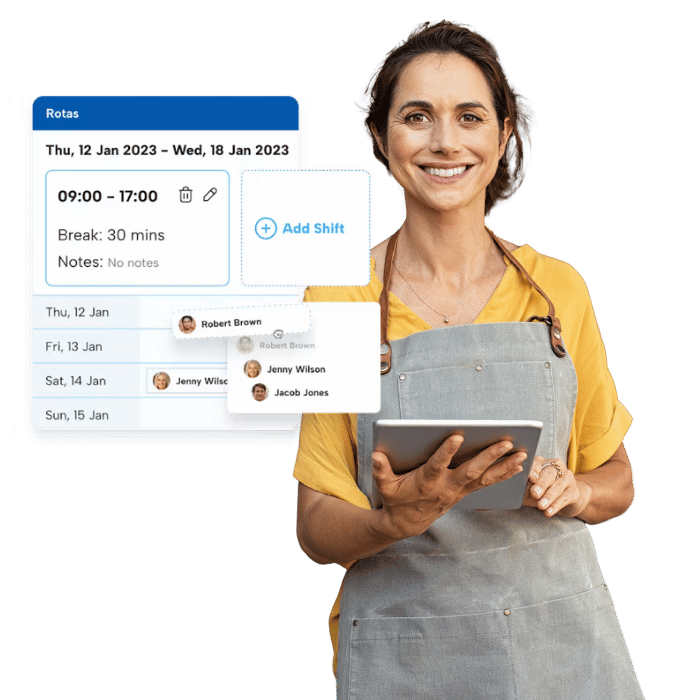 An image shows a restaurant owner using BrightHR's shifts and rotas feature to schedule hospitality staff